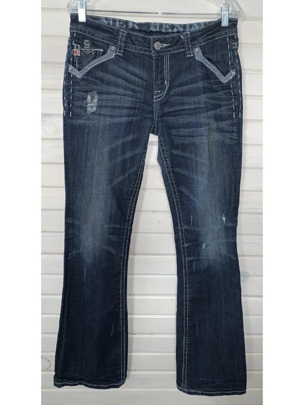 MEK DENIM Sz 29 32 St. Louis Easy Bootcut Dark Wash Denim Jeans Distressed EUC